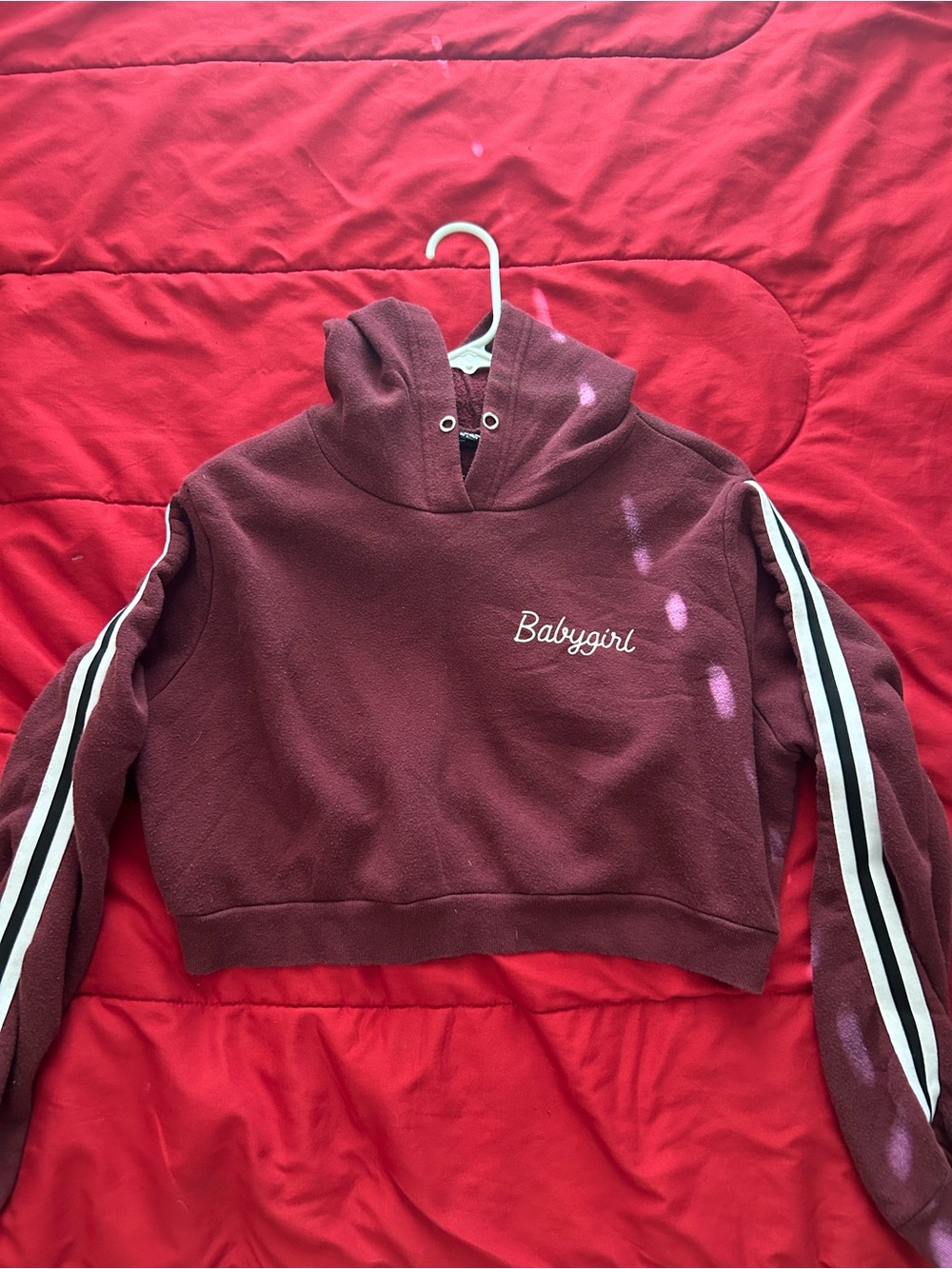 Rue21 Maroon Cropped Hoodie with White Stripe Sleeves